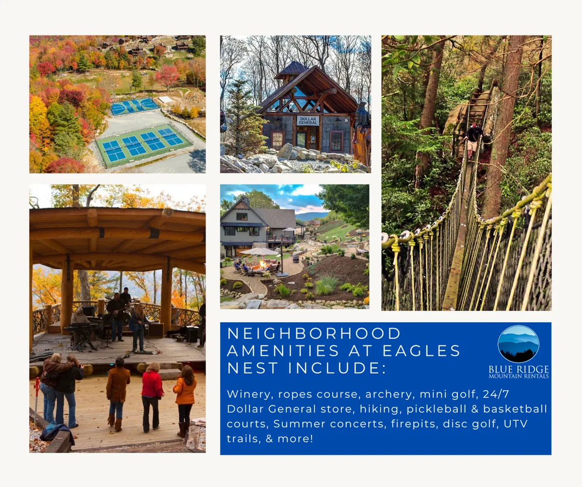 A vibrant exterior view showcasing the resort's energetic outdoor amenities, including swimming pools, a ropes course, mini-golf, a concert stage, and a luxurious lodge surrounded by hiking trails and lush mountain foliage. The scene captures families and groups enjoying various activities under clear, sunny skies.